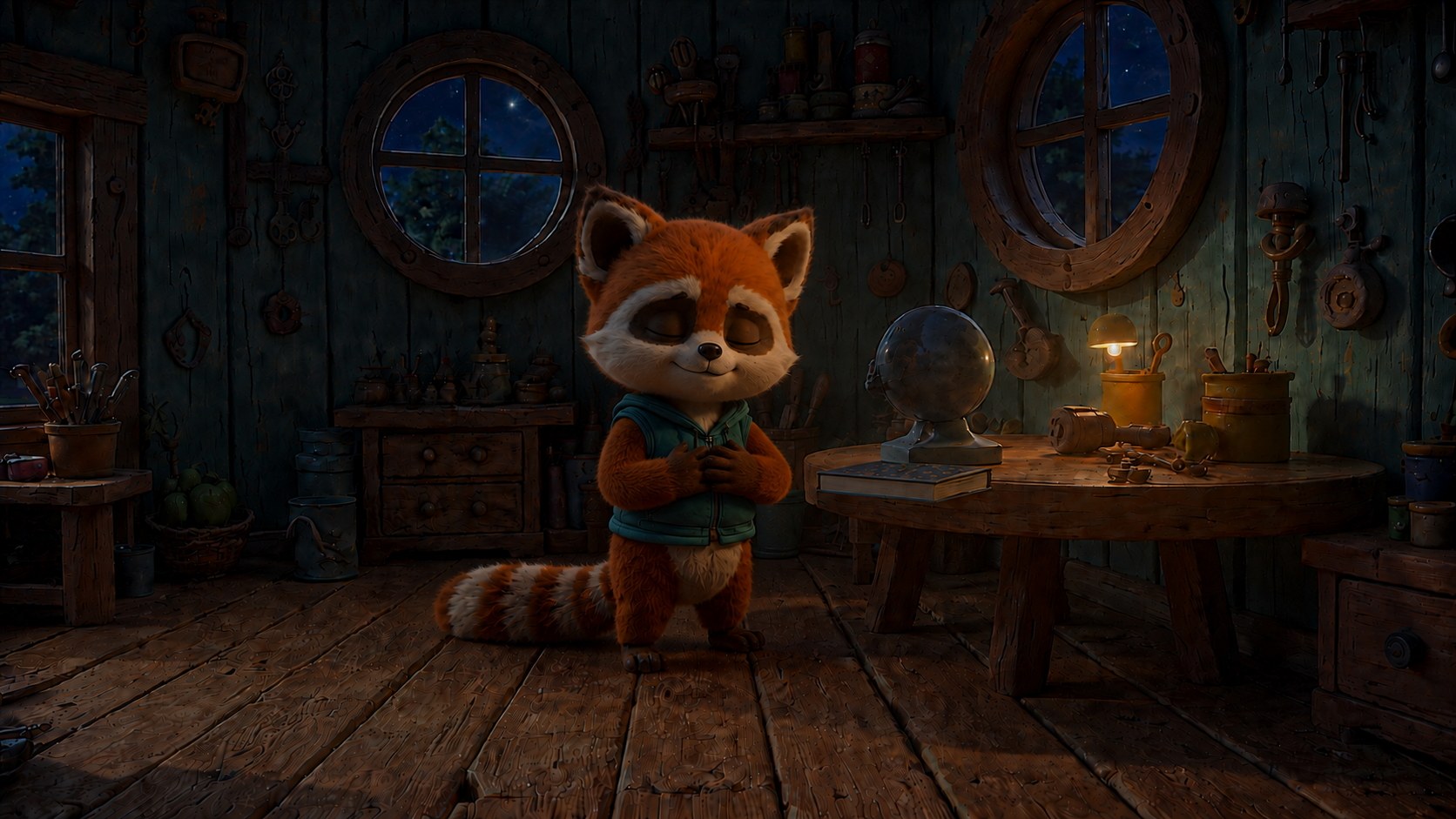 Tavi in his nighttime Moonbeam Workshop, with moonlit windows and a warm little lamp